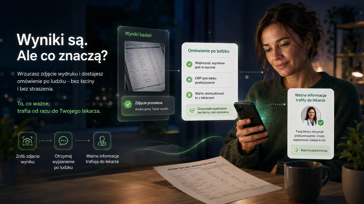 Kobieta ze zdjęciem wyników badań i omówieniem MEDI10 na telefonie